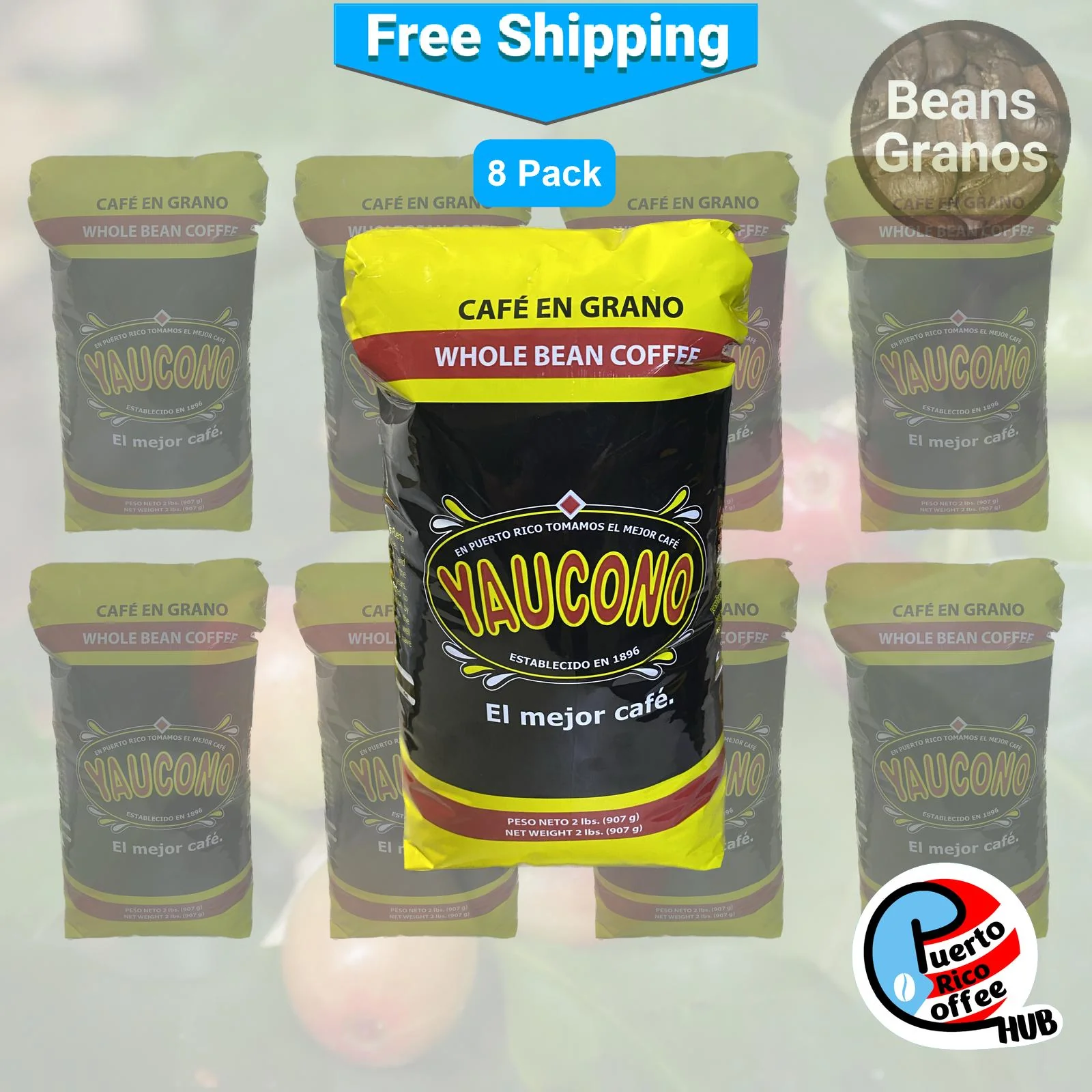 Café Yaucono Puerto Rican Coffee Beans 2 lb Bulk Pack - 8 Units