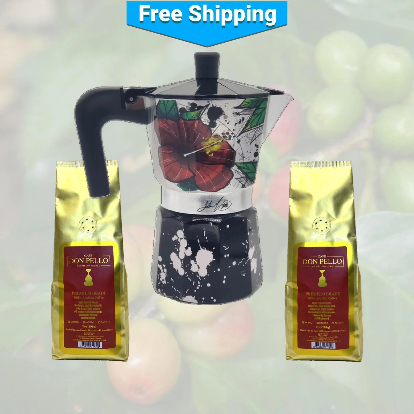 Maga Flower and Coquí Greca Moka Pot and Two Don Pello Coffees