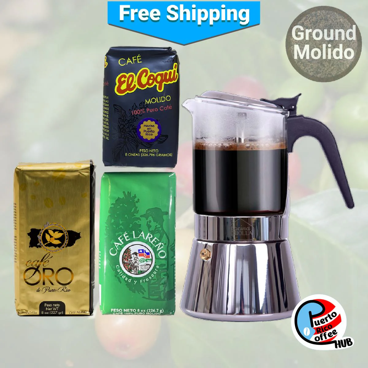 Puerto Rican Coffee Sampler With Stainless Steel and Glass Moka Pot